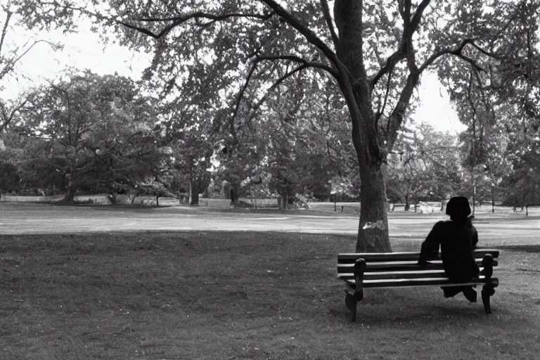 Prompt: Film still of a woman sitting on a park bench long shot, wide shot, full shot