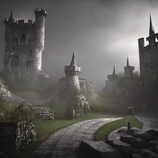 Prompt: fantasy environment with a path leading to a gothic castle. Atmospheric. Unreal engine. Digital art