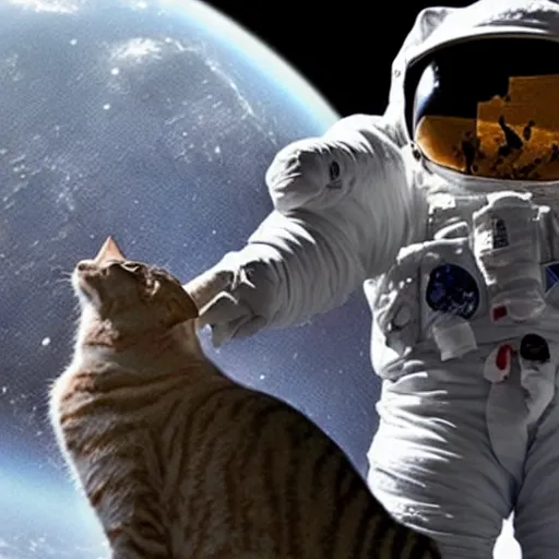 Image similar to a cat astronaut : 5 0 in space looking at the moon : 1 0 0