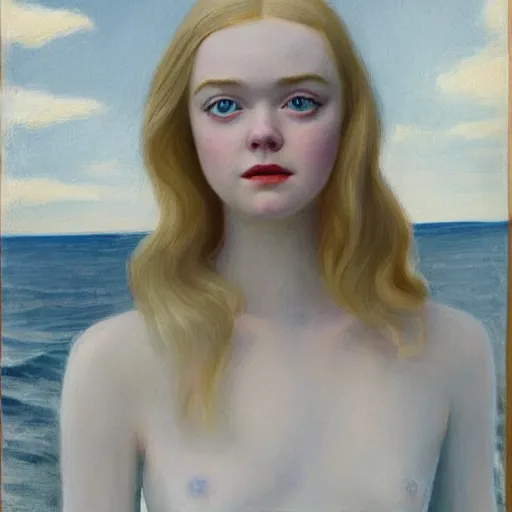 Image similar to Painting of Elle Fanning lost at sea, long blonde hair, delicate, pale milky white porcelain skin, by Edward Hopper. 8K. Extremely detailed.