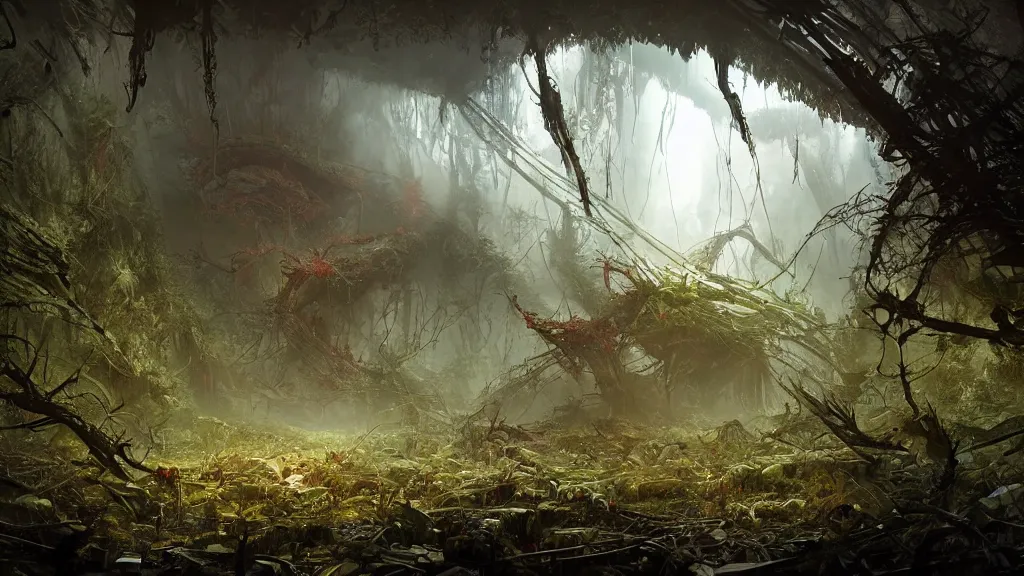 Prompt: dramatic Photorealistic dramatic Matte painting,Looking through deep inside an Alien planets dense red forest,a gigantic crashed derelict spaceship where a lone astronaut in a white spacesuit with lights is exploring outside,hundreds of tall gigantic monster carnivorous Red Venus Flytrap plants and glowing bulbs,translucent wet and slimy plant life by Greg Rutkowski,Craig Mullins,Fenghua Zhong,a misty haze,Beautiful dramatic moody nighttime lighting,Cinematic Atmosphere, Volumetric Lighting,Terragen,Octane Render,8k