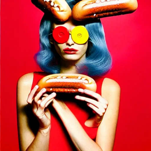 Image similar to a fashion model curls her hair using hot dogs. surreal photograph, toiletpaper magazine, 3 5 mm photograph, colourful, by pierpaolo ferrari, maurizio cattelan