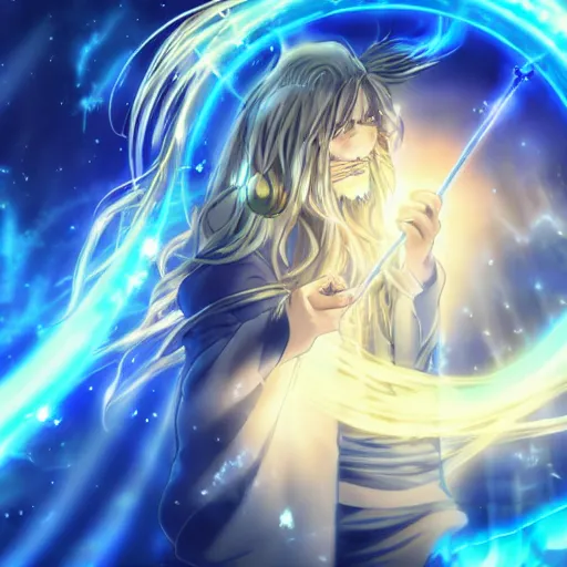 Image similar to a beautiful anime character wizard with free flowing hair holding a staff that has a glowing blue orb at the head of it emanating brilliant blue light, high detail, high resolution