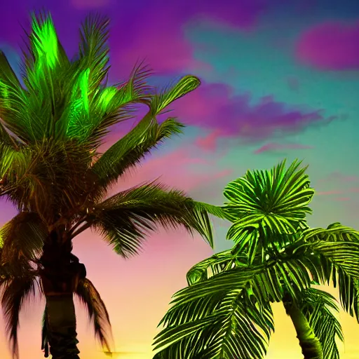 Prompt: realistic photo of an alien palm tree with glowing green crystal fruits, with a purple sky in the background, hyper realistic