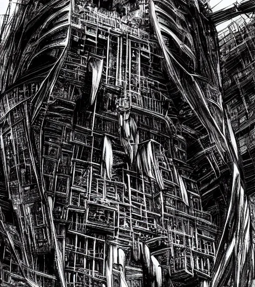 Image similar to tarkovsky, majestic ancient tower of babylon of terror, a woman in cyber clothing, hyperrealistic, blame manga, full color, manga style, by tsutomu nihei, cyber architecture, intricate, illustration, concept art, hyper - detailed, smooth, masterpiece, epic, cinematic, high quality