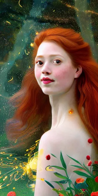 Image similar to infp young woman, smiling amazed, golden fireflies lights, full covering intricate detailed dress, amidst nature, long red hair, precise linework, accurate green eyes, small nose with freckles, oval shape face, realistic, expressive emotions, dramatic lights, hyper realistic ultrafine art by artemisia gentileschi, caravaggio, jessica rossier, boris vallejo