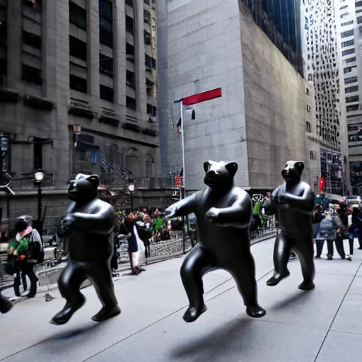 Prompt: Running of the bears, statue on wall street, Canon EOS