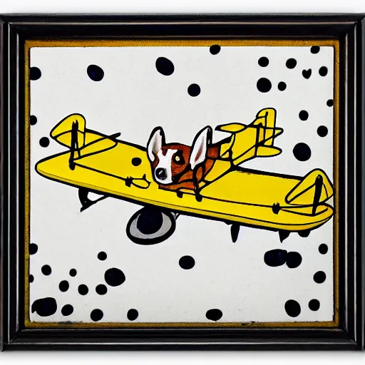 Image similar to biplane flying, piloted by identical 3 dogs, toy fox terrier breed, black and white spots, panting, tin tin painting