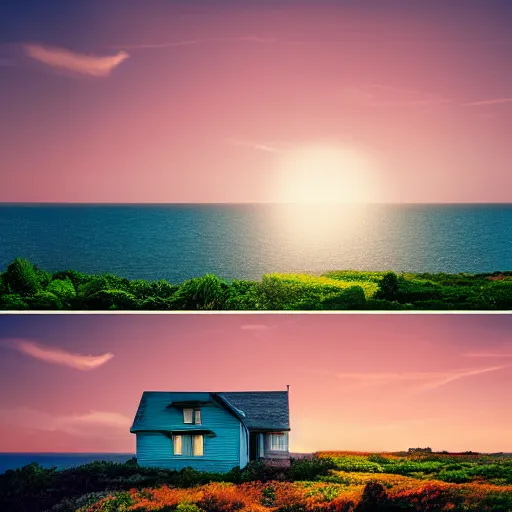 Prompt: beautiful house with sea view, sunset, wide shot, in forest in background, canvas, cinematic, kodak ektar, wide angle, f / 2 2, lens flare, high contrast, 4 k, full - hd, sunlight, ray tracing global illumination, ray tracing reflections