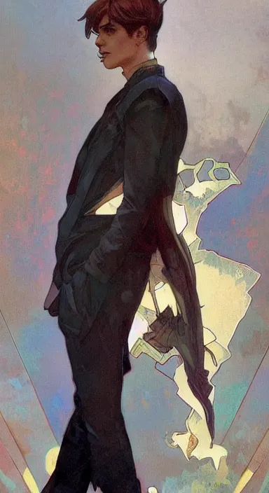 Image similar to Full body portrait of a pretty catboy in his twenties in fancy clothes. Art by Greg Rutkowski and Alphonse Mucha