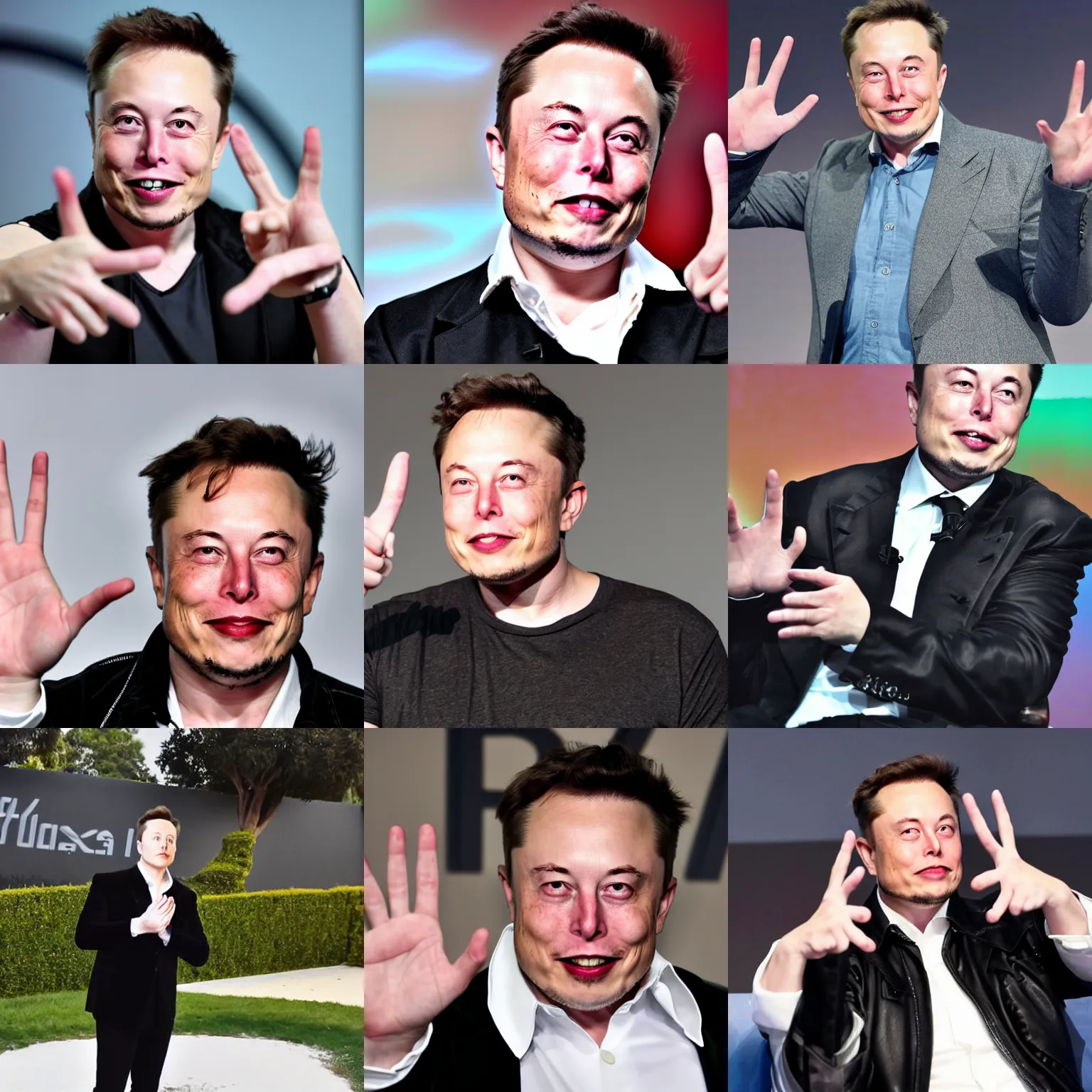 Prompt: elon musk holding up two fingers peace sign hand gesture