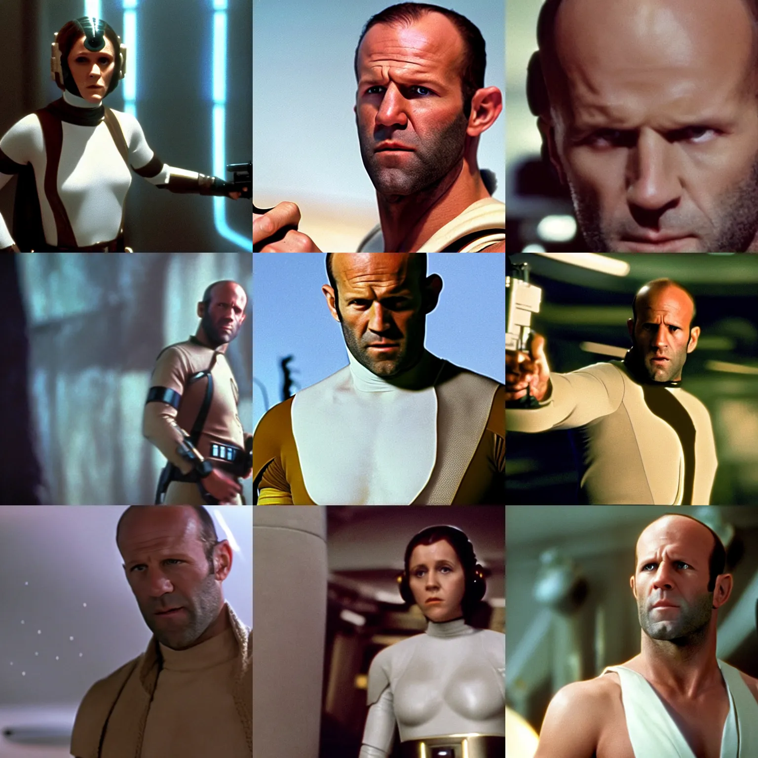 Prompt: film still of jason statham cosplaying as princess leia from Star Wars 1977, 4k