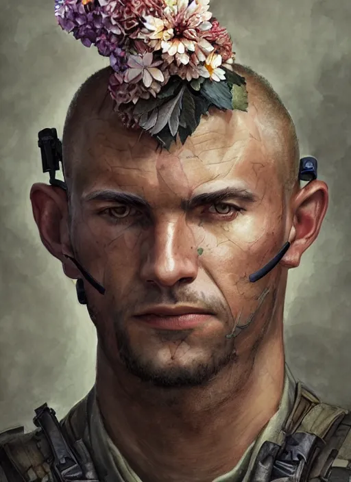 Image similar to handmade character portrait of a serious american soldier man, flowers growing on him, amaratyllis, hydrangea, chrysanthemum, hyacinth, in the style of artgerm and enki bilal and bastien lecouffe - deharme, wlop, line art, watercolor, cinematic lighting, hyperdetailed, hyperrealistic