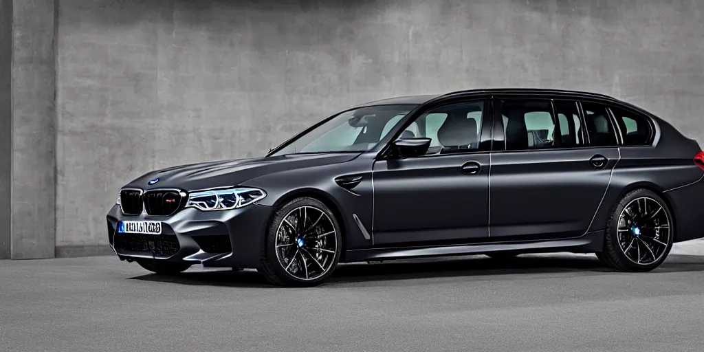 Prompt: “2019 BMW M5 Minivan, dark metallic grey, 4K, ultra realistic”