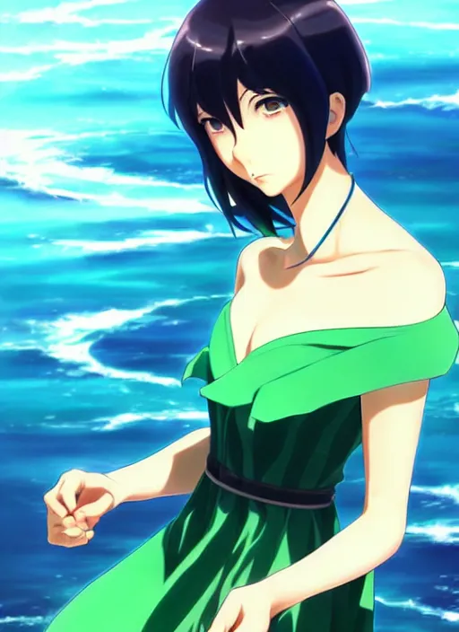 Image similar to makoto shinkai, artgerm, ilya kuvshinov, beautiful anime women with green dress, long blue hair, water powers water swirling, symmetrical face, symmetrical eyes, detailed, beach setting, cinematic lighting