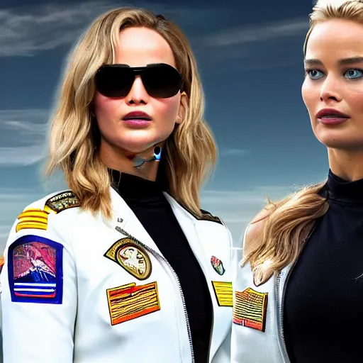 Image similar to promo photo of Jennifer Lawrence and Margot Robbie in new 2029 Top Gun reboot