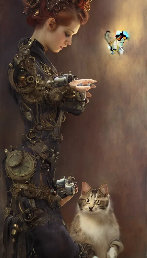 Image similar to hyper realistic photographer taking a picture of a cat, magical, steampunk, painted by tom bagshaw, mucha, gaston bussiere, craig mullins, j. c. leyendecker 8 k