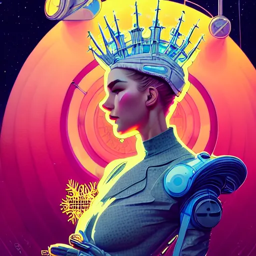 Image similar to high quality high detail portrait of a snow queen diesel punk character in an futuristic world, tristan eaton, victo ngai, artgerm, rhads, ross draws, hyperrealism, intricate detailed, alphonse mucha, 8 k, sci - fi, pastel colors, vintage, retro sci - fi, artstation,