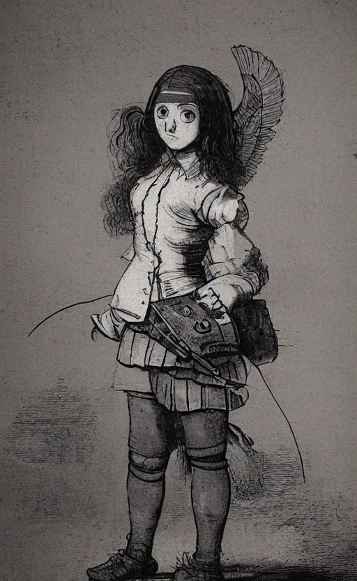 Prompt: school girl, school uniform, battle angel alita. by rembrandt 1 6 6 7, illustration