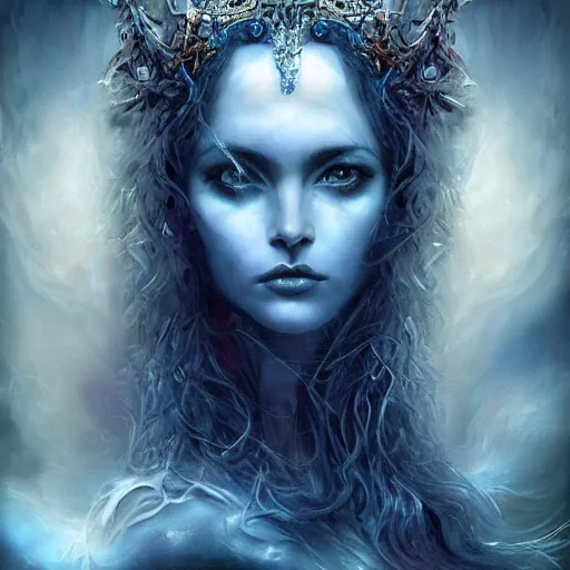 Image similar to masterpiece goddess of sorrow, realistic portrait, 3 0 years woman, melancholic face, long hair, digital painting by louis royo and julie bell, dark tenebrous blue background, cinematic light, aura effect, some chaotic sparkles, wind, unreal engine, artstation, deviantart, pinterest