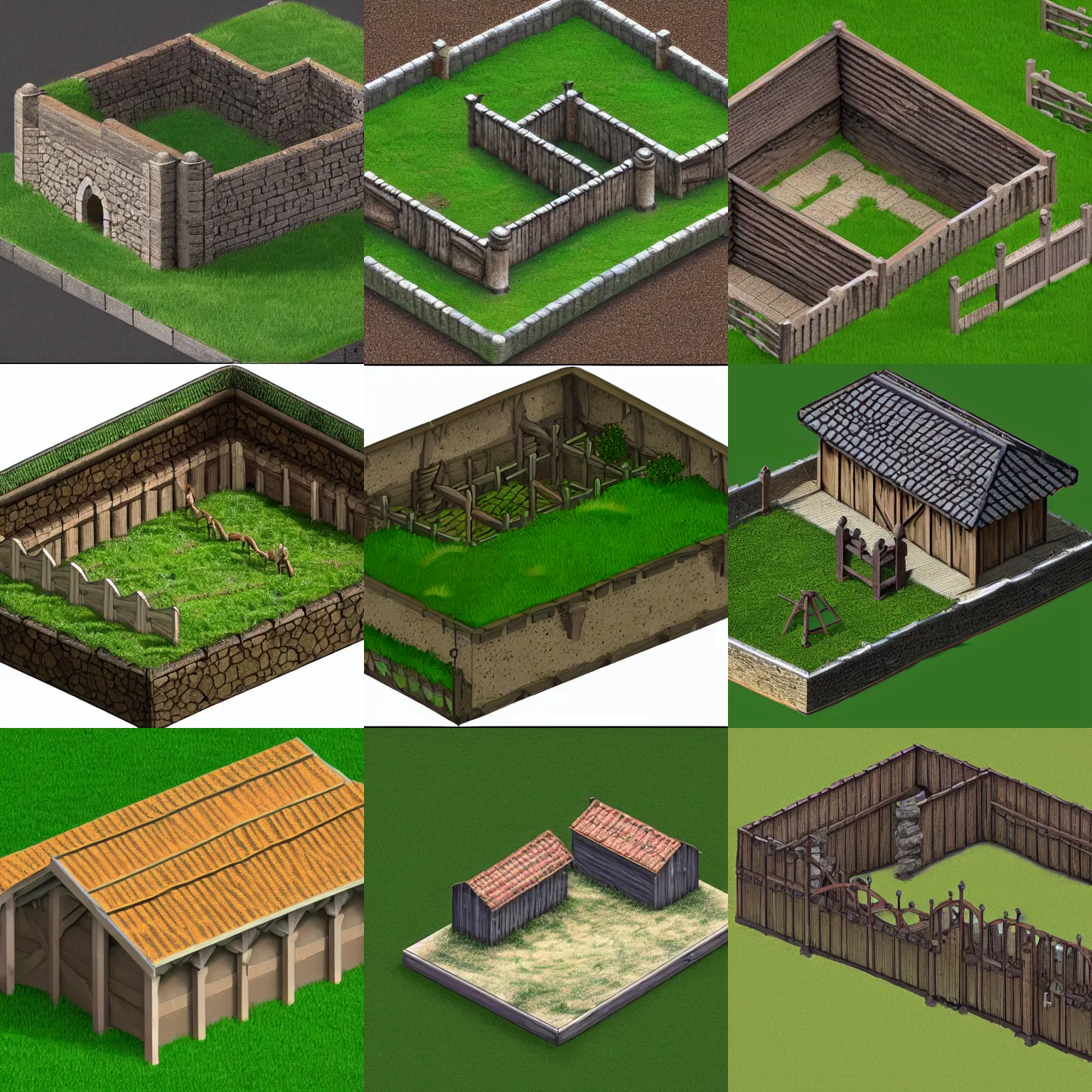 isometric medieval horse stable with green roof, on | Stable Diffusion