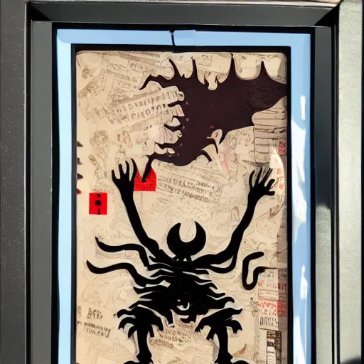 Prompt: ricepaper shadowbox with menacing mind flayer puppet, rampaging silhouette manhattan, backlit