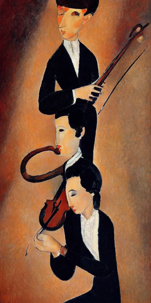 Image similar to violin player portait by modigliani, very detailed, intricate perfect human body, soft shadow, dslr, 4 k