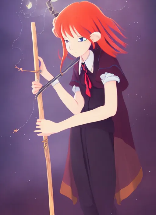 Prompt: redhead holding witch wand, advertising photoshoot, magic school academia, by studio ghibli, elegant, beautiful, digital art, trending on artstation, highly detailed, illustration, concept art, masterpiece