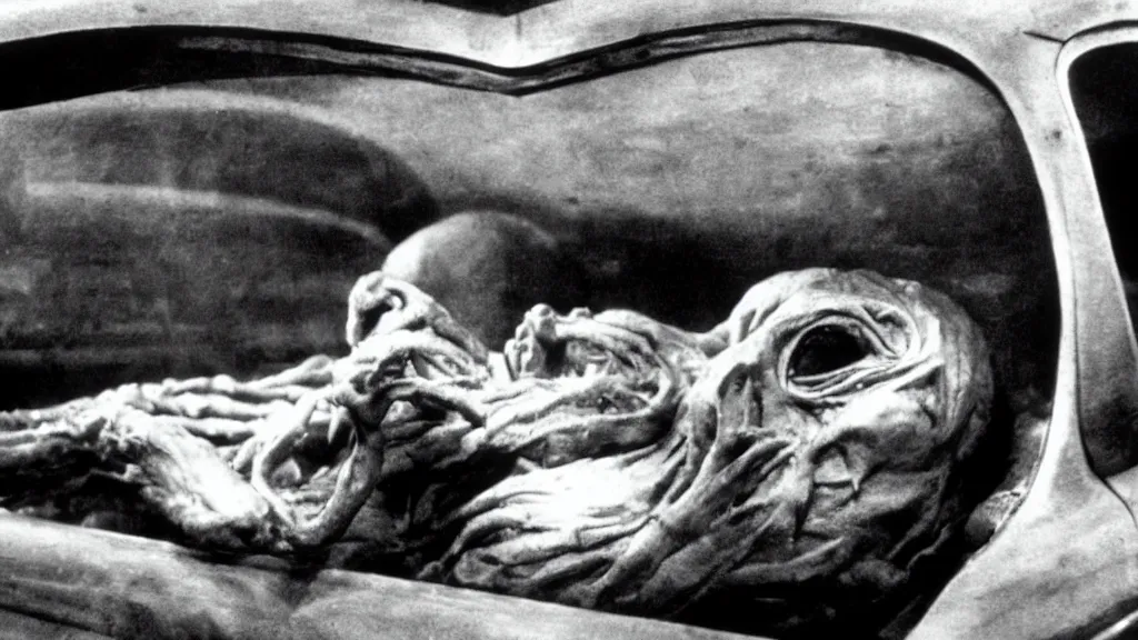 Image similar to the creature sits in a car, made of wax and oil, film still from the movie directed by David Cronenberg with art direction by Salvador Dalí, wide lens