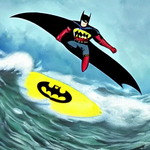 Prompt: Batman surfing on top of a tsunami, photorealistic