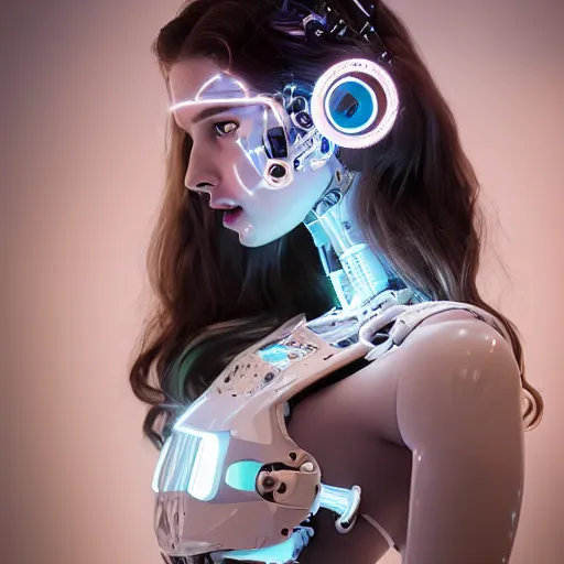 Image similar to beautiful Fine art photo portrait of enraptured Sarah Mcdaniel as a solarpunk robotic goddess, white mechanical parts with led lights, photorealistic, white background, highly detailed and intricate, sun lighting, 8k