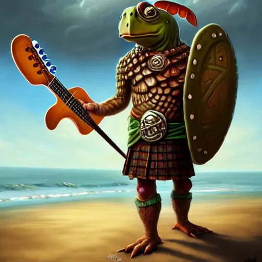 Image similar to an anthropomorphic turtle, wearing a kilt, both arms holding a fender stratocaster guitar, walking up the sandy beach, DnD character art portrait, matte fantasy painting, DeviantArt Artstation, by Jason Felix by Steve Argyle by Tyler Jacobson by Peter Mohrbacher, cinematic lighting