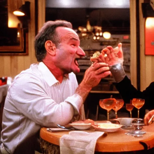 Image similar to robin williams and bill mirray at a restaurant eating ribs, messy food, bbq sauce on their clothes, bill murray has a crazy look in his eye, john candy plays the worried waiter who is brusing his sauce hair in the smudged mirror, aberrant reflection