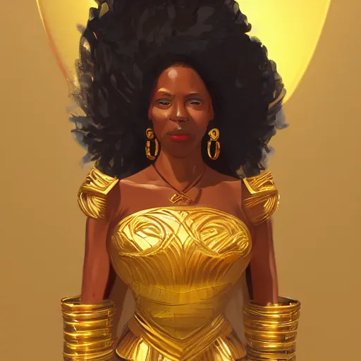 Prompt: west african queen gesticulations of power with aureole golden throne golden hour splash art character concept art 8 k digital render by manchess griff and cunningham