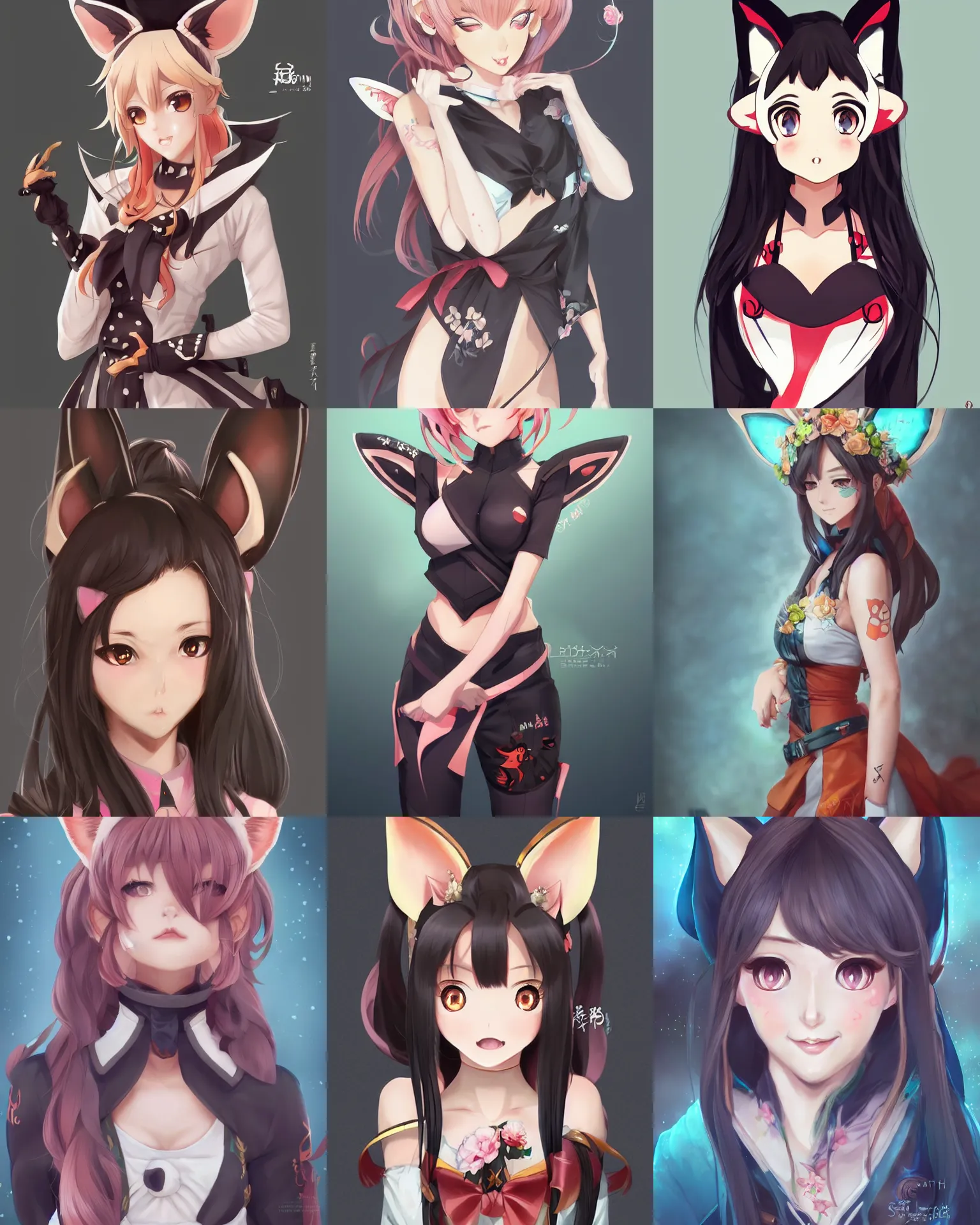 Prompt: A beautiful woman with fox ears, official Genshin Impact character concept, anime, kawaii, full-body portrait, by Artgerm and Sakimichan, professional character designer, trending on Artstation, highly detailed, cgsociety