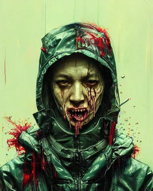 Image similar to detailed portrait, corrupt, virus, zombie, rain, cyberpunk futuristic neon, reflective puffy coat, decorated with traditional japanese ornaments by ismail inceoglu dragan bibin hans thoma greg rutkowski alexandros pyromallis nekro rene maritte illustrated, perfect face, fine details, realistic shaded, fine - face, pretty face