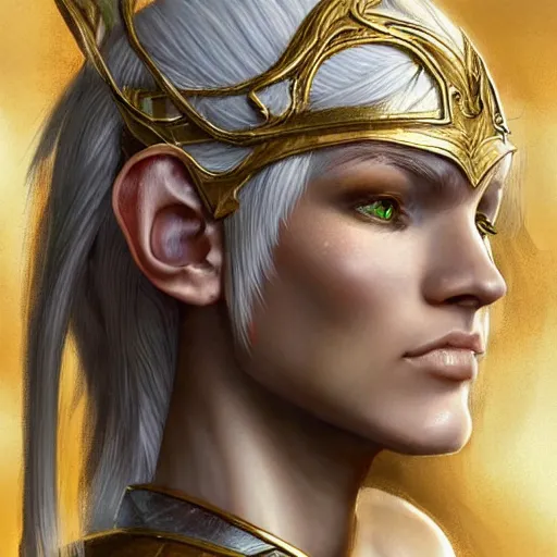 Prompt: side portrait!!! of a female elven warrior, fantasy, head tilted down, white hair, gold armour, gold jewelry, white skin, detailed face!!!!!, trending on artstation, gsociety, D&D, elegant, symmetrical facial features, highly detailed, sophisticated, hyperrealistic, detailed illustration, smooth, sharp focus, upper body, intricate, rule of thirds, holy glow, backlit, hd 4k by Greg Rutkowski, Charlie Bowater, Karol Bak