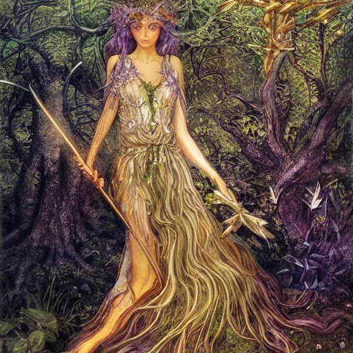 Image similar to fey queen of the summer forest, dress of leaves, fine features, holding a golden scepter, thin, young, silver shimmering hair, by brian froud, dusk scene, night colors, oil on canvas, oil panting