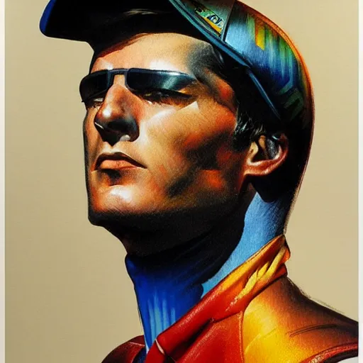 Image similar to photorealistic picture, by bob peak and alex ross, moto gp ads in 1 9 9 0 s, gouache and wash paints, fine details, fine intricate, fine facial proportionate, fine body proportionate, fine posse proportionate, smooth sharp focus, sharp focus