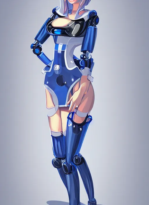 Prompt: a robot wearing a maid dress, blue dress, stripped thigh high, full body shot, highly detailed, digital painting, artstation, concept art, smooth, sharp focus, illustration