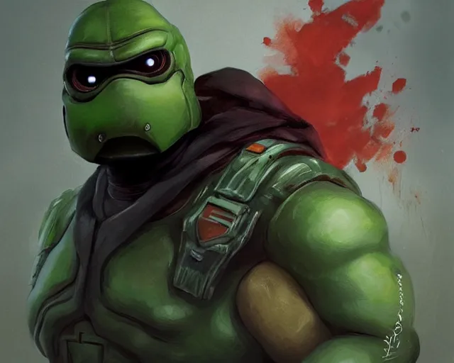 Image similar to portrait of a doomguy as a ninja turtle, fantasy, hd shot, digital portrait, beautiful, artstation, comic style, by artgerm, guy denning, jakub rozalski, magali villeneuve and charlie bowater