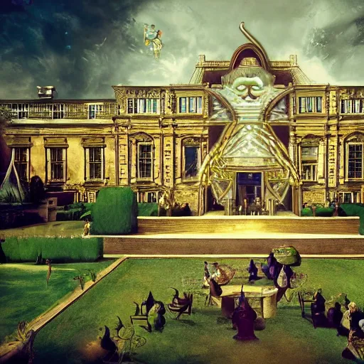 Image similar to Rothschild illuminati royal ball, Salvador Dali painting, octane render, cinematic still