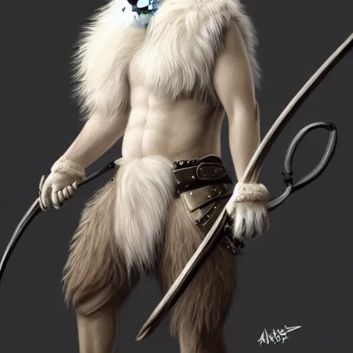 Image similar to an albino anthro lion holding a bow,dressed in leather armor,art by artgerm,photorealistic,highly detailed,8k,artstation,deviantart,detailed face