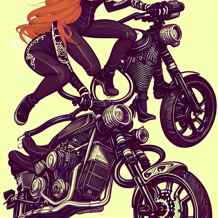 Prompt: female biker illustration, vector art style, medium shot, intricate, elegant, highly detailed, digital art, ffffound, art by jc leyendecker and sachin teng