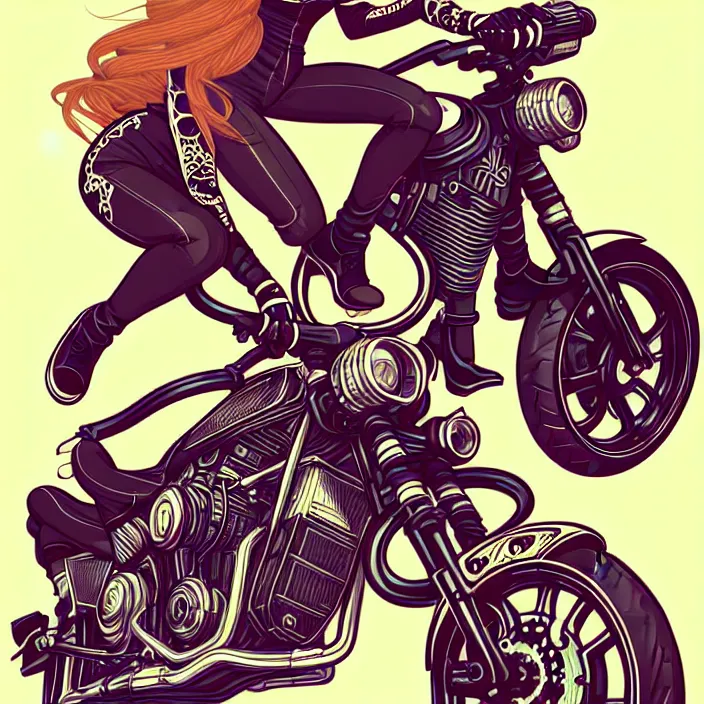 Image similar to female biker illustration, vector art style, medium shot, intricate, elegant, highly detailed, digital art, ffffound, art by jc leyendecker and sachin teng