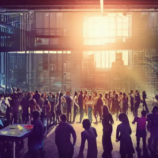 Image similar to large group people in a warehouse, surrounding hologram of futuristic city on a table, cinematic concept art, godrays, golden hour, natural sunlight, 4 k, clear details, tabletop model buildings, tabletop model, hologram center