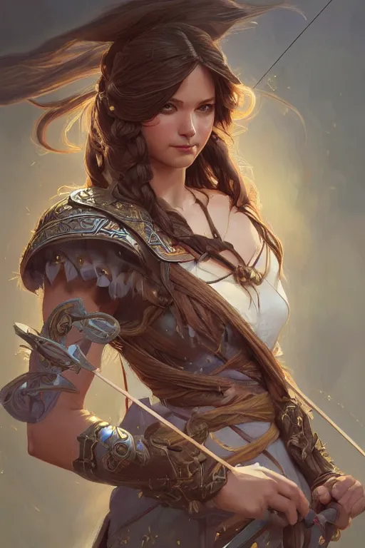 Image similar to beautiful female archer, full body shot, long hair, d & d, fantasy, intricate, elegant, highly detailed, digital painting, artstation, concept art, matte, sharp focus, illustration, hearthstone, art by artgerm and greg rutkowski and alphonse mucha