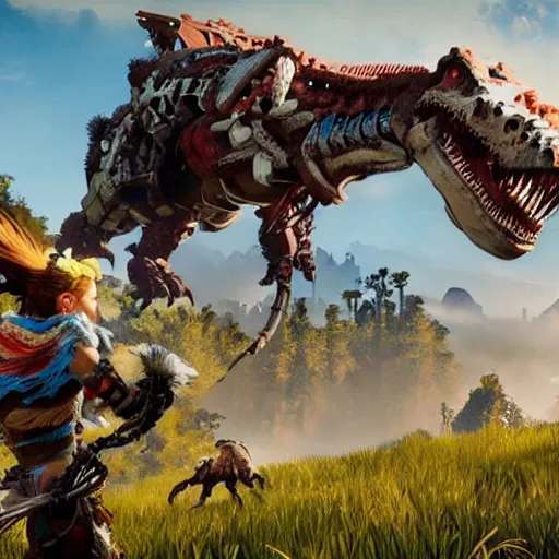 Prompt: gameplay of horizon zero dawn, six - fi mechanical tyrannosaurus rex, highly detailed