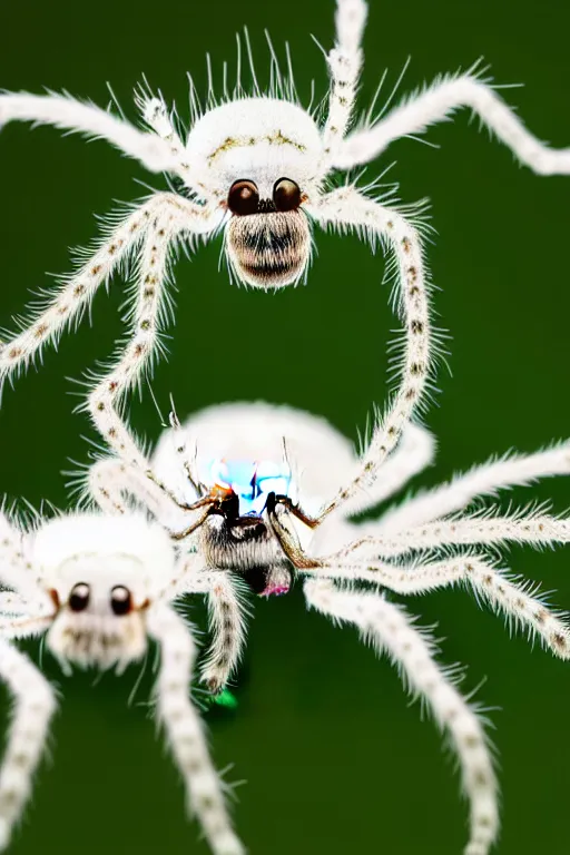 Prompt: high quality macro photo fluffy white spiders! gorgeous highly detailed hannah yata elson peter cinematic dark green lighting high quality low angle hd 8k sharp shallow depth of field