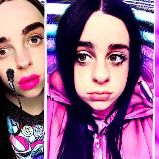 Prompt: a combination of Billie Eilish, Ariana Grande and Camilla Cabello with a microphone, selfie, symmetric, high details, hyperrealistic, bright colors,